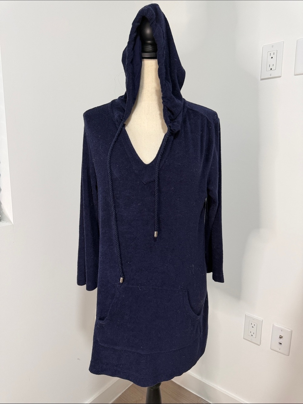 Navy Blue French Terrycloth Hoodie Swimsuit CoverUp. Sz S